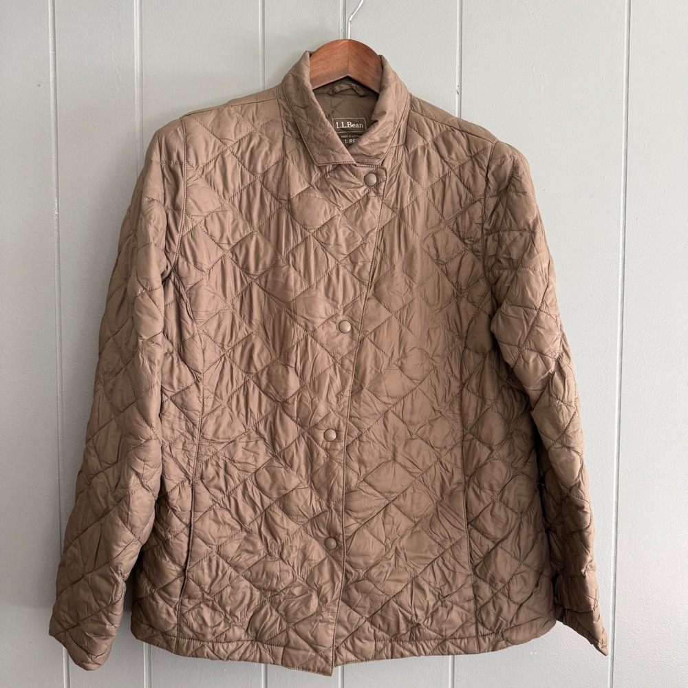 L.L.Bean Womens Diamond Quilted Riding Jacket L Taupe Snap Front Equestrian Barn
